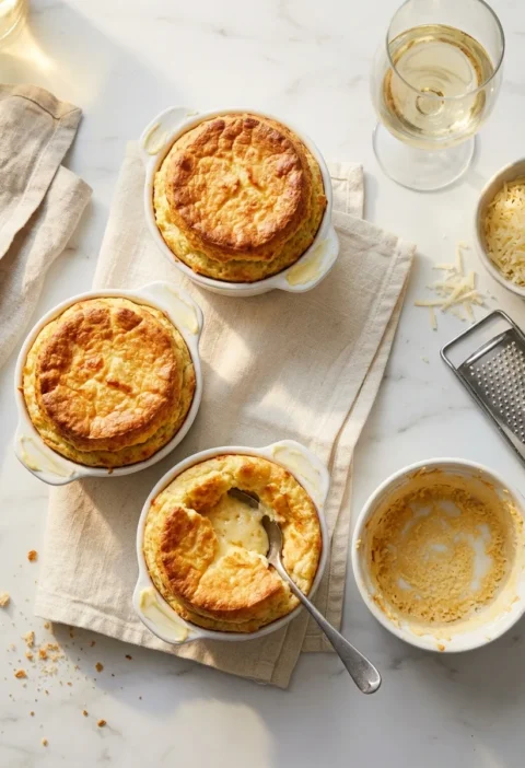 Gordon Ramsay cheese souffle risen above white ramekins with golden top and crisp love handles