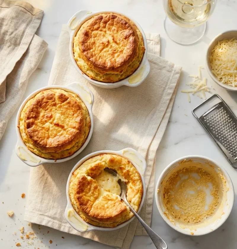Gordon Ramsay cheese souffle risen above white ramekins with golden top and crisp love handles