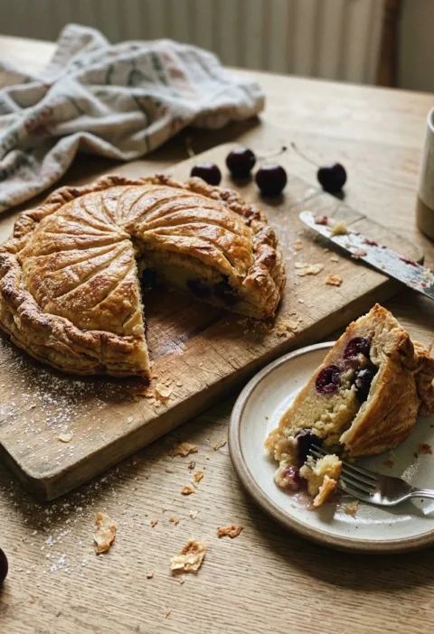 Gordon Ramsay cherry pie Pithiviers on a wooden board, golden puff pastry with scored pinwheel pattern, a wedge cut out showing the almond frangipane and cherry filling