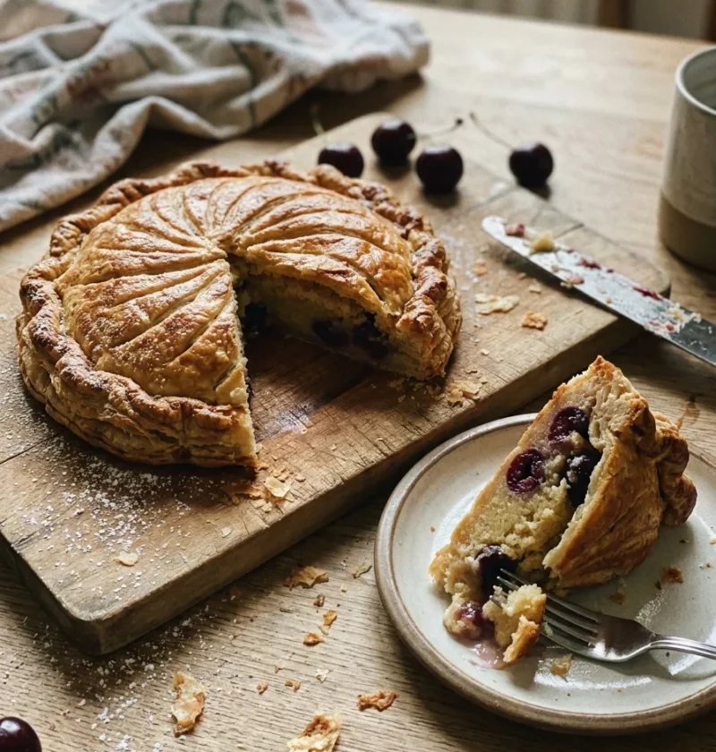 Gordon Ramsay cherry pie Pithiviers on a wooden board, golden puff pastry with scored pinwheel pattern, a wedge cut out showing the almond frangipane and cherry filling