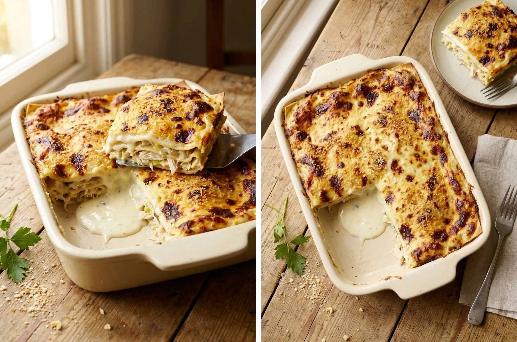 Gordon Ramsay chicken lasagne hero shot and top down view showing golden bechamel and creamy chicken filling