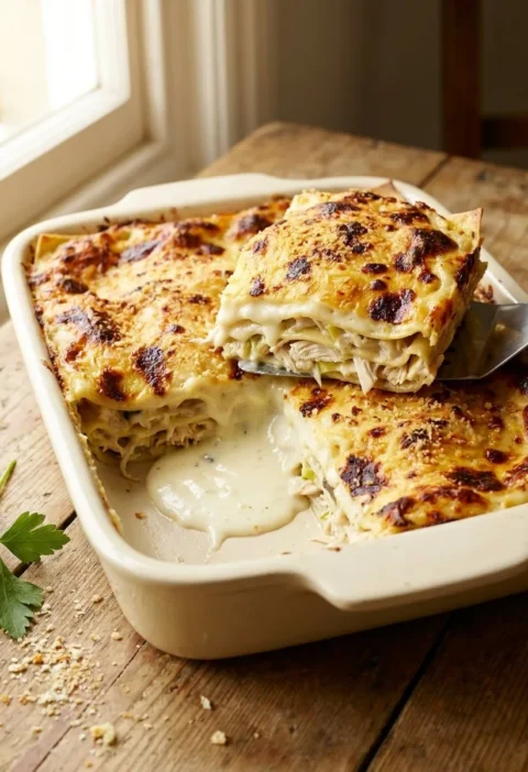 Gordon Ramsay chicken lasagne with golden bechamel crust and shredded chicken leek filling being served