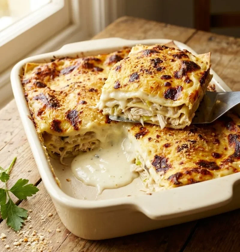 Gordon Ramsay chicken lasagne with golden bechamel crust and shredded chicken leek filling being served