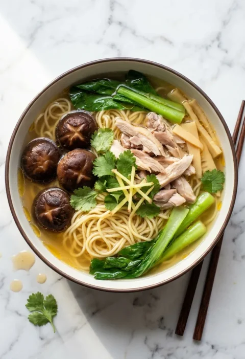 Gordon Ramsay chicken noodle soup with shiitake mushrooms, choi sum and egg noodles in clear broth