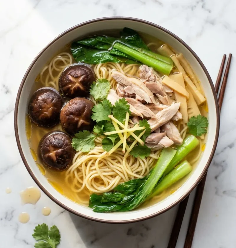 Gordon Ramsay chicken noodle soup with shiitake mushrooms, choi sum and egg noodles in clear broth