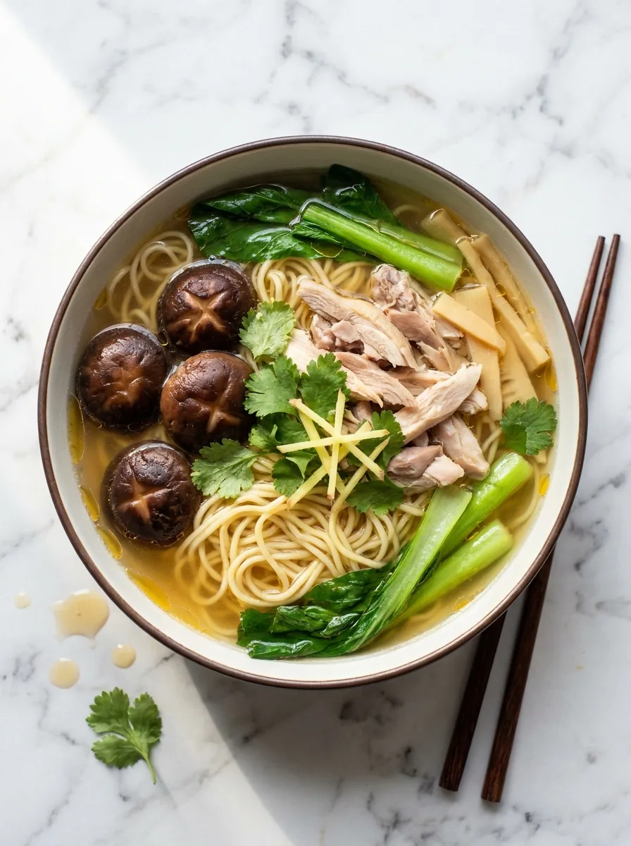 Gordon Ramsay chicken noodle soup with shiitake mushrooms, choi sum and egg noodles in clear broth