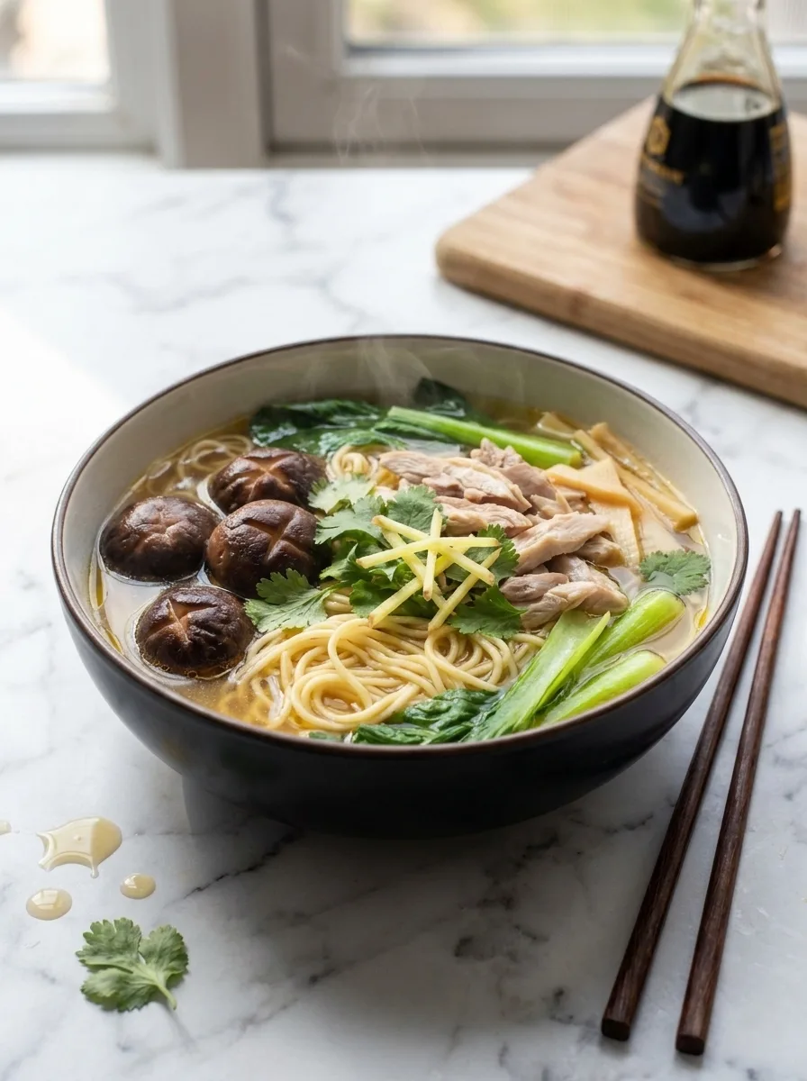 Side view of Gordon Ramsay chicken and shiitake noodle soup on marble table