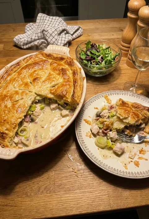 Gordon Ramsay chicken pie in an oval dish with golden puff pastry lid, a wedge cut out showing creamy sauce with chicken leeks bacon and mushrooms, served on a plate beside it