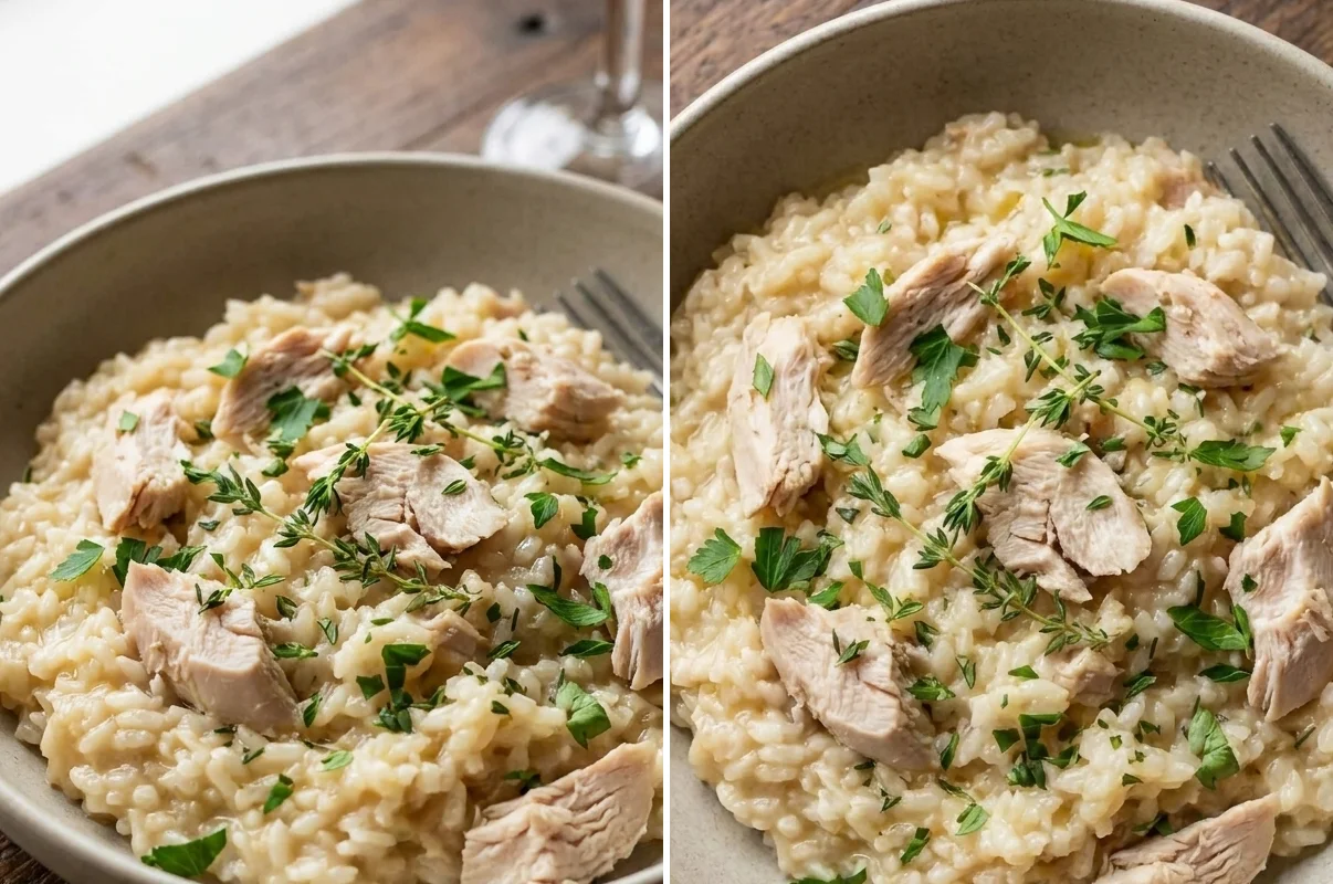 Two angles of chicken risotto showing torn poached chicken through creamy Parmesan rice