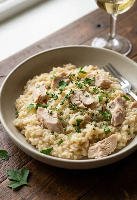 Gordon Ramsay chicken risotto with torn poached chicken, thyme and parsley in a stoneware bowl