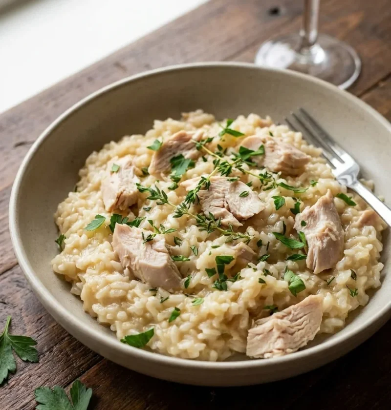 Gordon Ramsay chicken risotto with torn poached chicken, thyme and parsley in a stoneware bowl