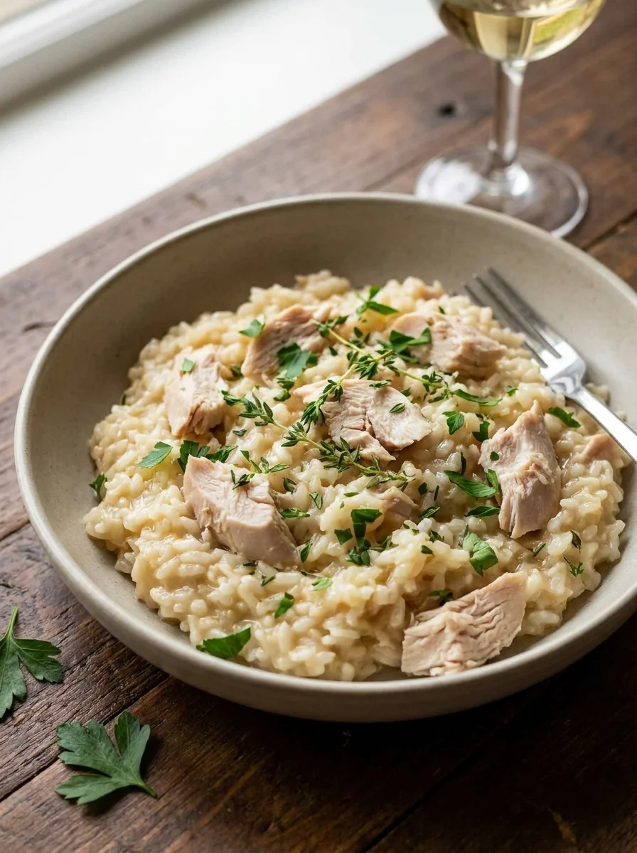 Gordon Ramsay chicken risotto with torn poached chicken, thyme and parsley in a stoneware bowl