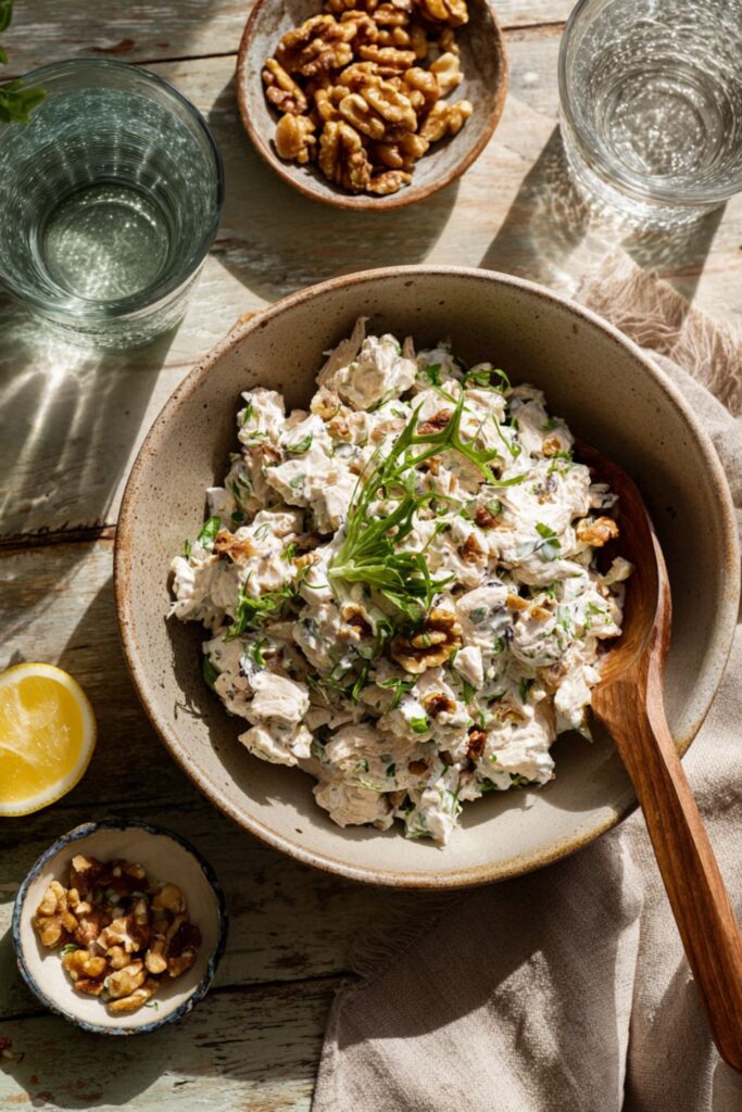 Gordon Ramsay chicken salad with walnuts lemon and fresh herbs in a bowl