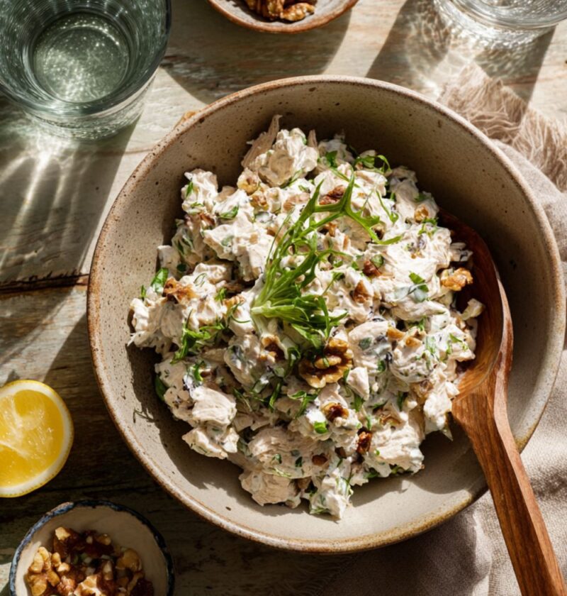 Gordon Ramsay chicken salad with walnuts lemon and fresh herbs in a bowl