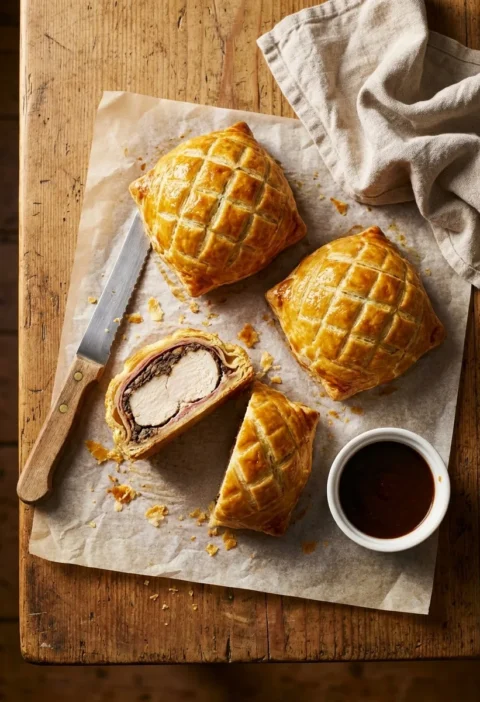 Gordon Ramsay individual chicken wellingtons on baking paper showing white chicken and mushroom duxelle