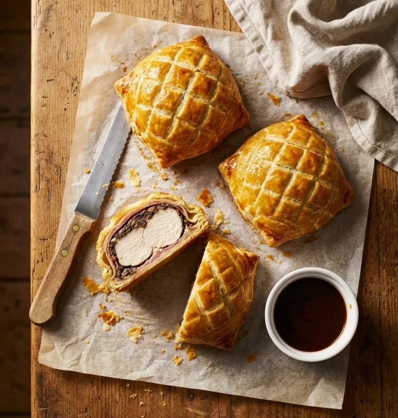 Gordon Ramsay individual chicken wellingtons on baking paper showing white chicken and mushroom duxelle
