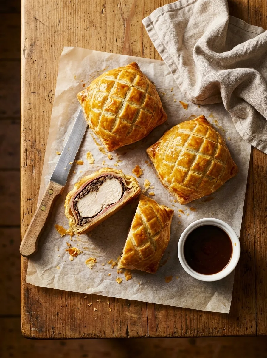 Gordon Ramsay individual chicken wellingtons on baking paper showing white chicken and mushroom duxelle