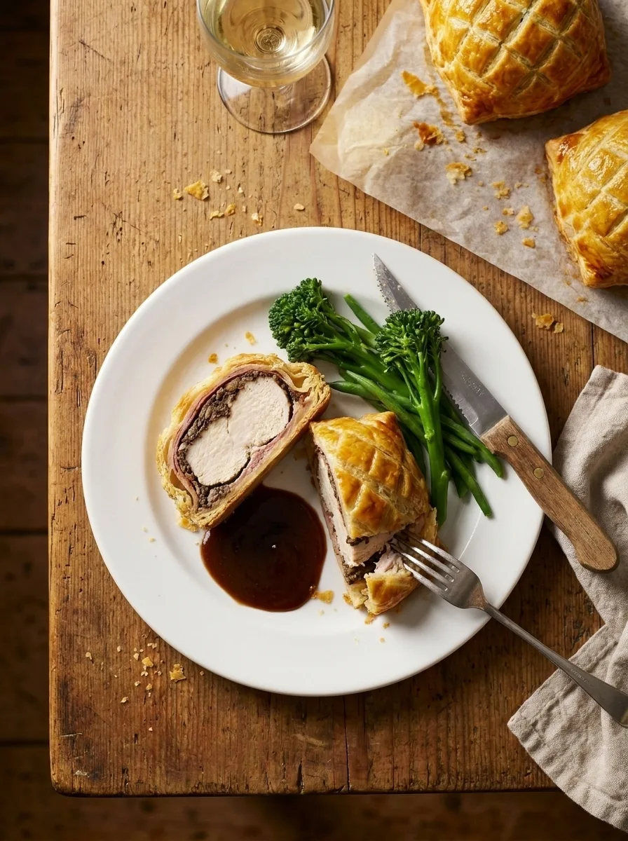 Gordon Ramsay chicken wellington served on a plate with Madeira sauce and tenderstem broccoli