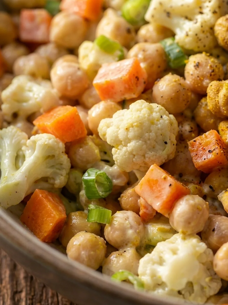 Close up of chickpeas with curried yoghurt dressing and cauliflower