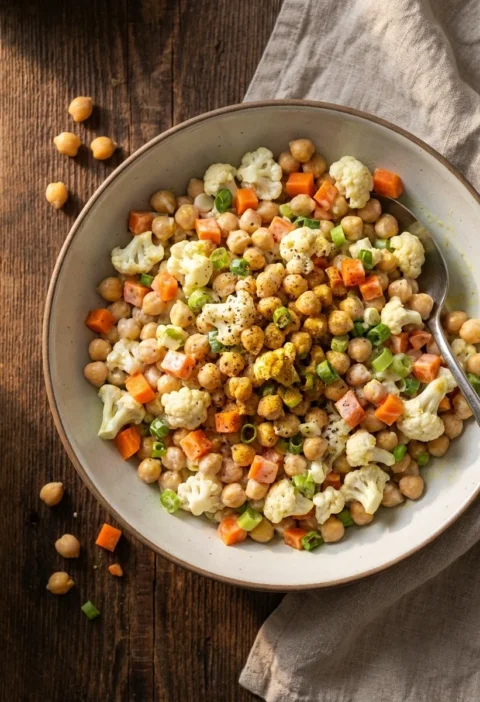 Curried chickpea salad with cauliflower, carrot and yoghurt dressing
