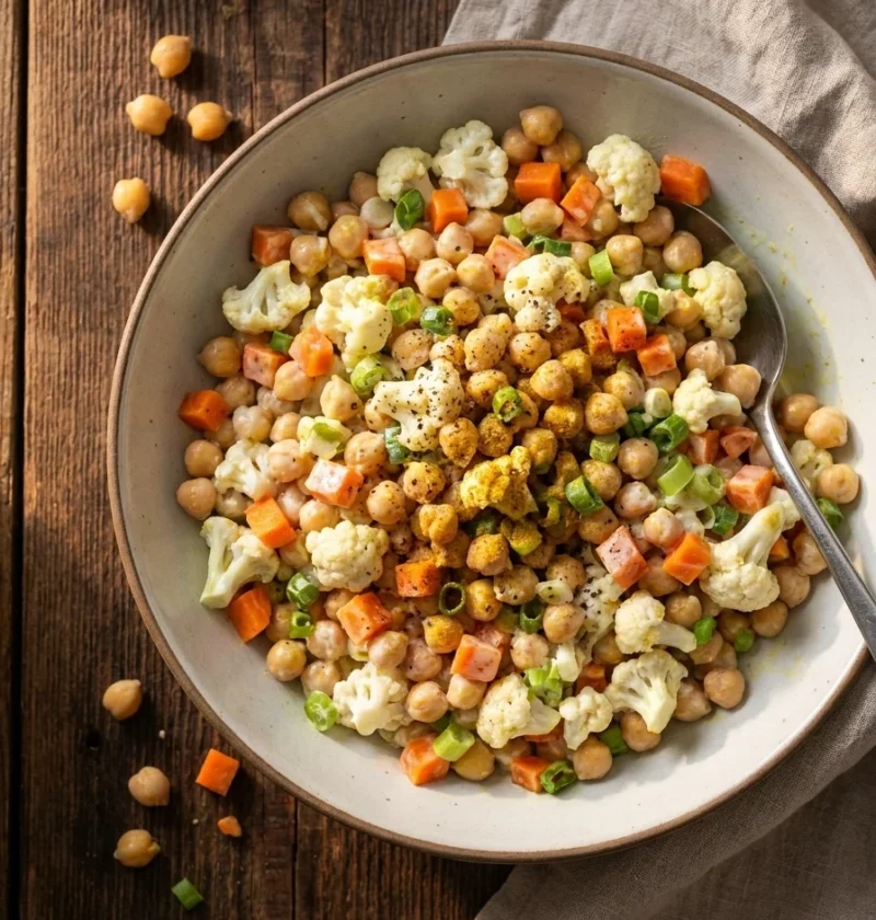Curried chickpea salad with cauliflower, carrot and yoghurt dressing