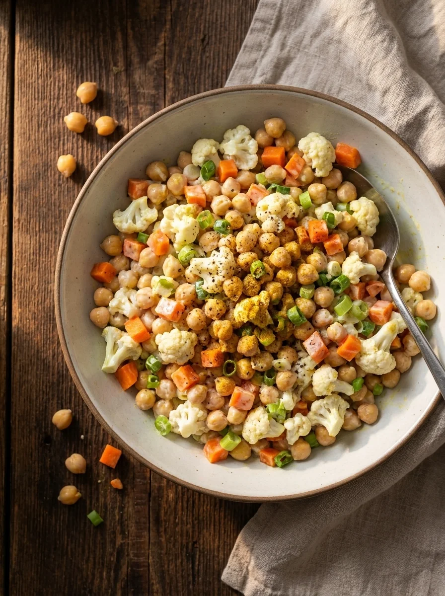Curried chickpea salad with cauliflower, carrot and yoghurt dressing