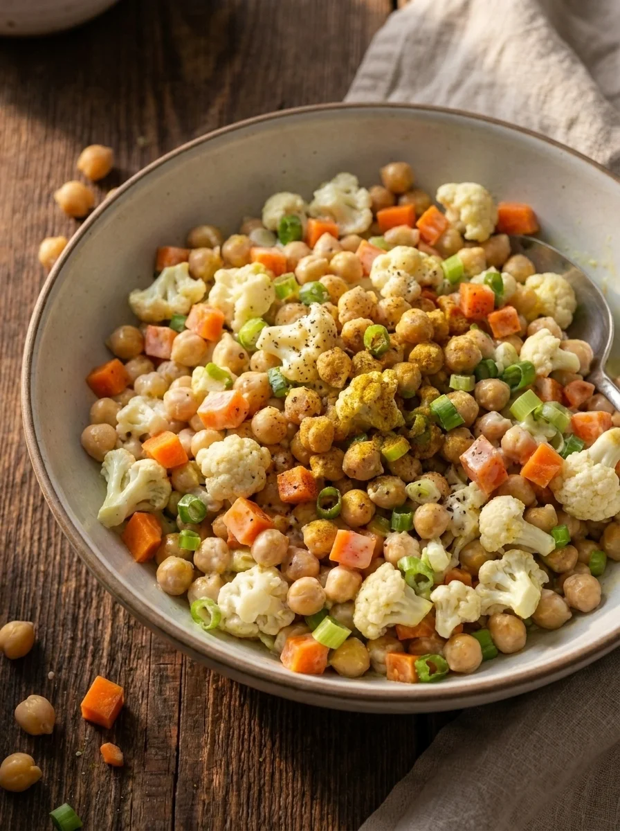 Side view of chickpea salad with raw cauliflower and diced carrot