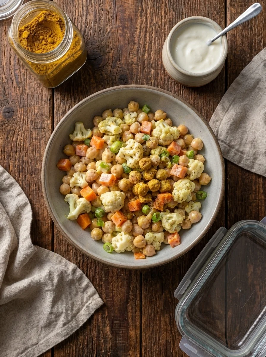 Chickpea salad meal prep scene on dark wood table