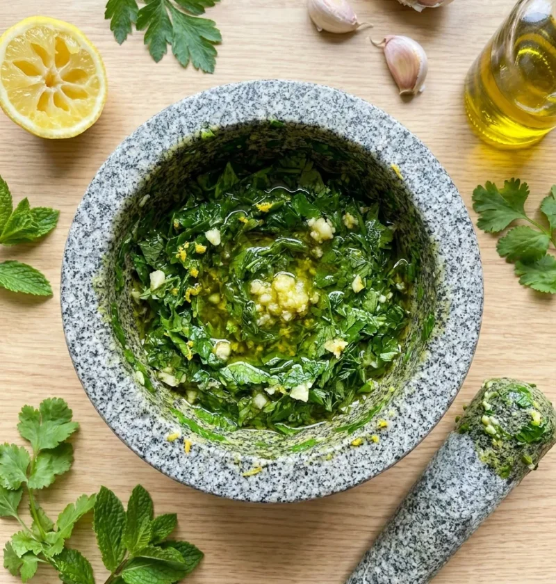 Gordon Ramsay chimichurri sauce pounded in a granite mortar with fresh herbs