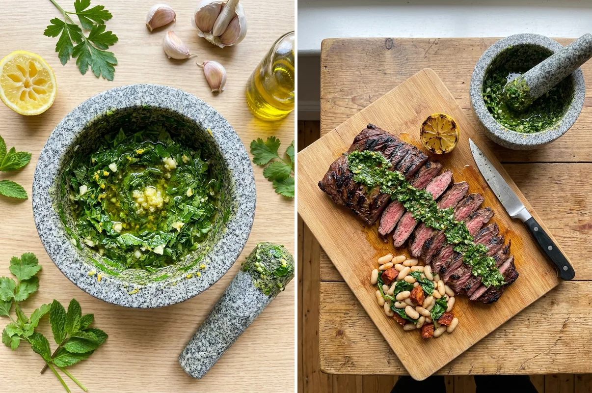 Gordon Ramsay chimichurri in mortar and spread over sliced grilled skirt steak