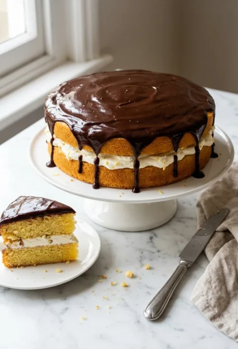 Gordon Ramsay chocolate cake with golden vanilla sponge filled with ginger cream and topped with glossy dark chocolate ganache on a white cake stand with a slice showing three layers