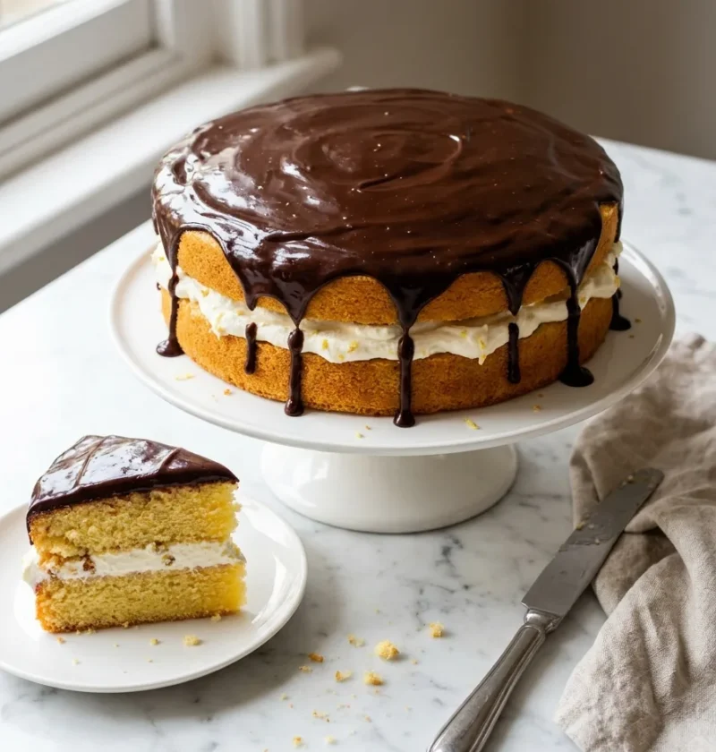 Gordon Ramsay chocolate cake with golden vanilla sponge filled with ginger cream and topped with glossy dark chocolate ganache on a white cake stand with a slice showing three layers