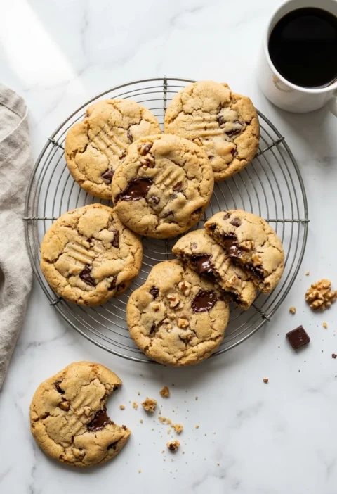 Gordon Ramsay chocolate chip cookies with dark chocolate chunks and walnuts on a wire cooling rack