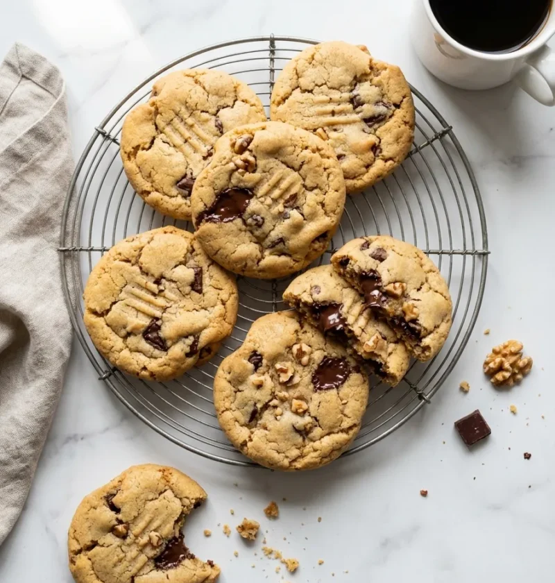 Gordon Ramsay chocolate chip cookies with dark chocolate chunks and walnuts on a wire cooling rack