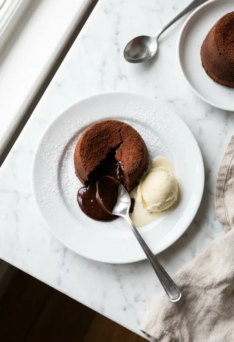 Gordon Ramsay chocolate fondant turned out onto a white plate with molten chocolate centre flowing out and a scoop of vanilla ice cream