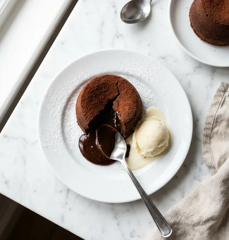 Gordon Ramsay chocolate fondant turned out onto a white plate with molten chocolate centre flowing out and a scoop of vanilla ice cream