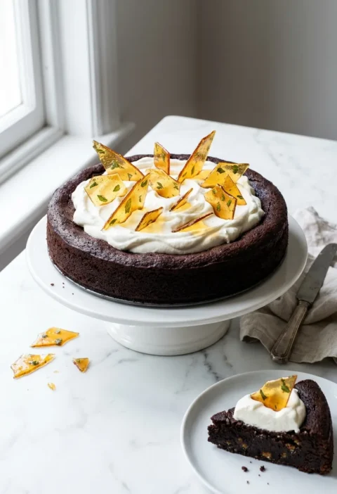 Gordon Ramsay flourless chocolate mint cake topped with peppermint whipped cream and golden mint caramel shards on a white cake stand with a dense fudgy slice on a plate