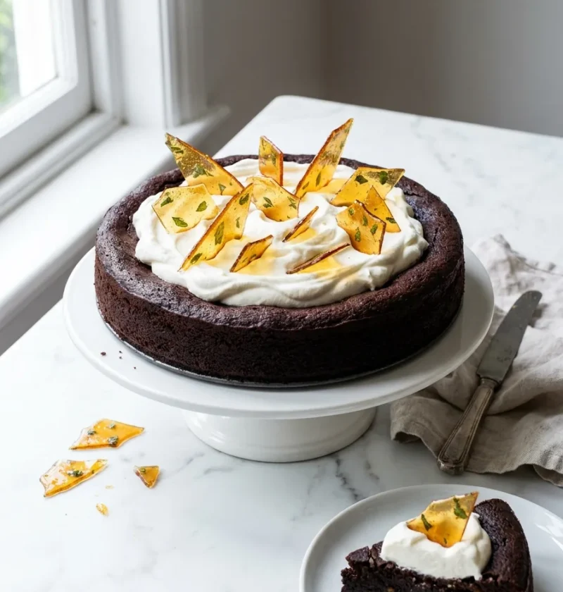 Gordon Ramsay flourless chocolate mint cake topped with peppermint whipped cream and golden mint caramel shards on a white cake stand with a dense fudgy slice on a plate