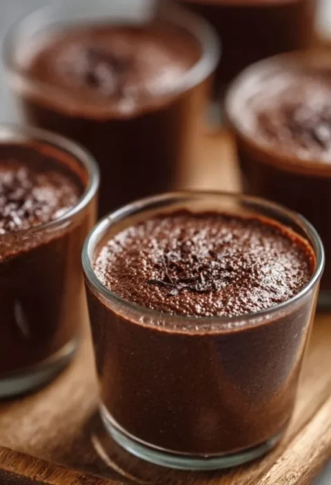 Gordon Ramsay chocolate mousse in small glasses on a wooden board