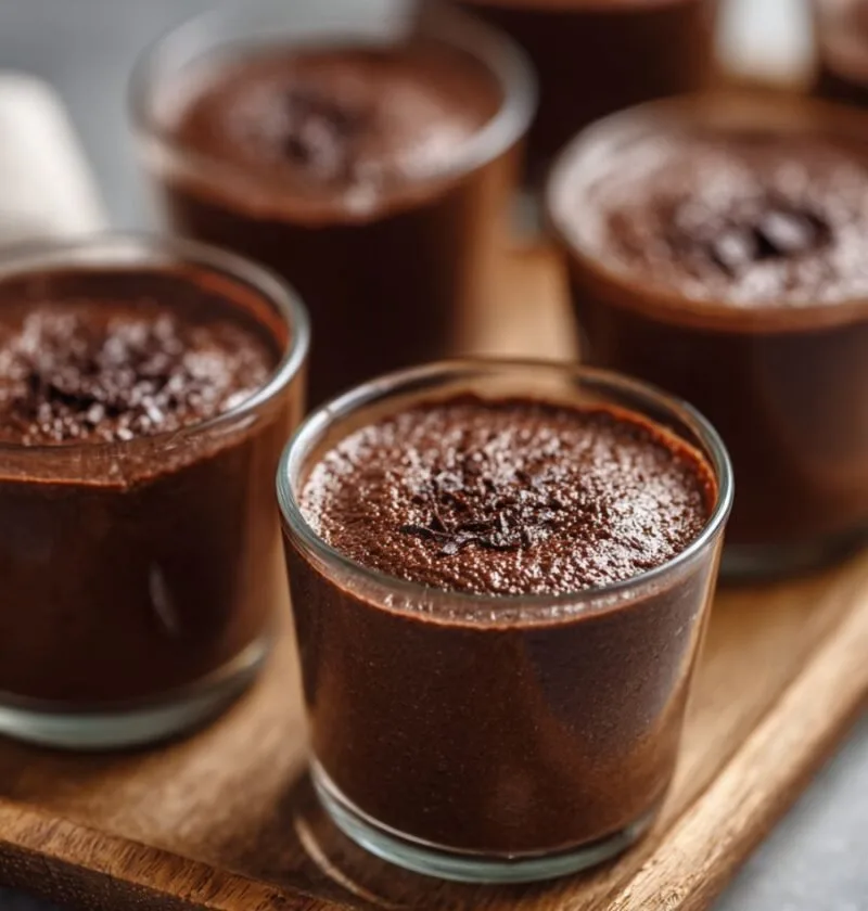 Gordon Ramsay chocolate mousse in small glasses on a wooden board