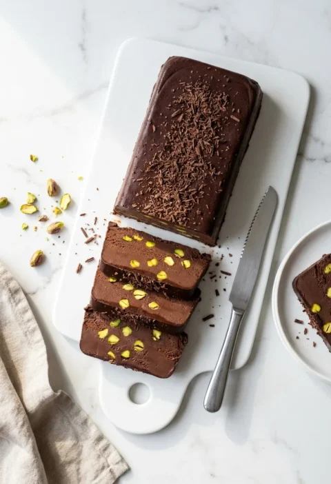 Gordon Ramsay chocolate and pistachio semifreddo sliced on a white board showing dark chocolate frozen mousse with bright green pistachios throughout and grated chocolate on top