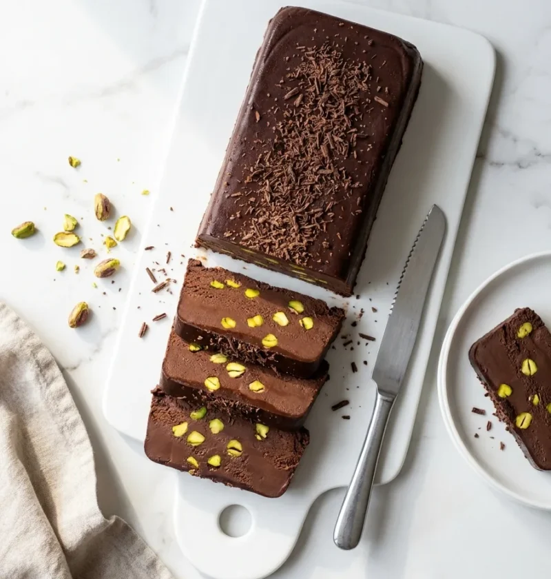 Gordon Ramsay chocolate and pistachio semifreddo sliced on a white board showing dark chocolate frozen mousse with bright green pistachios throughout and grated chocolate on top