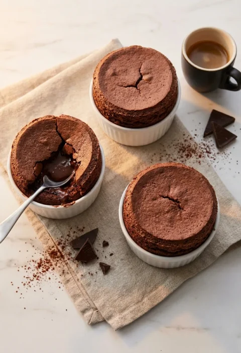 Gordon Ramsay chocolate souffle dark brown risen above white ramekins with molten centre and espresso