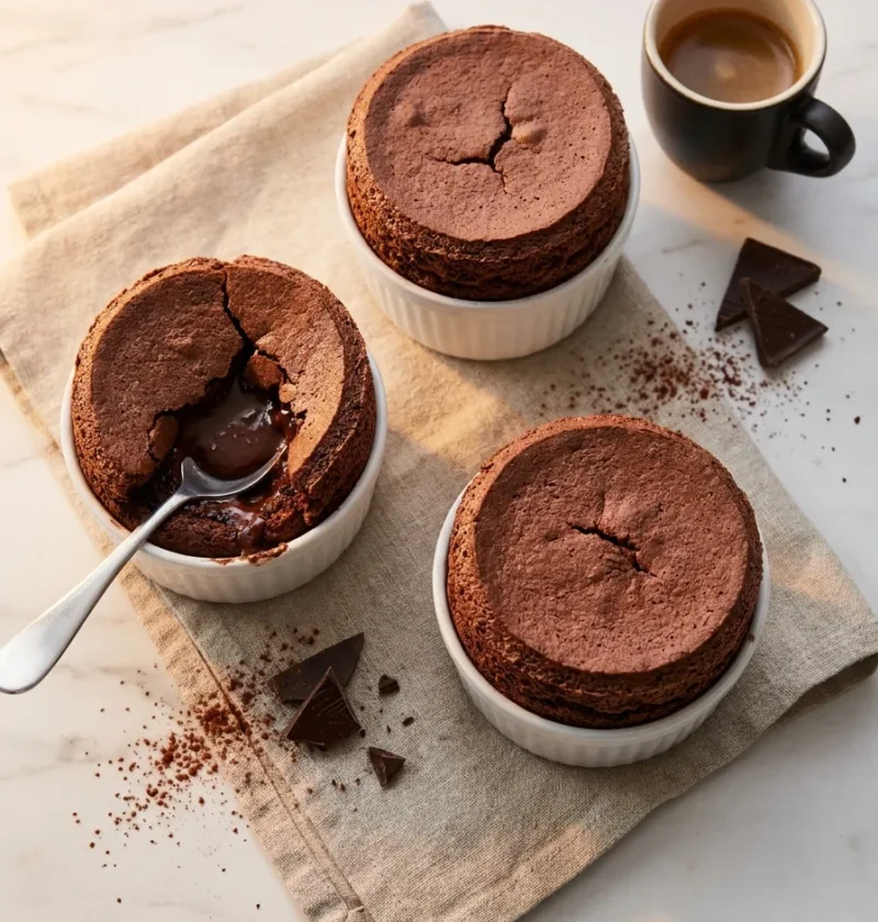 Gordon Ramsay chocolate souffle dark brown risen above white ramekins with molten centre and espresso