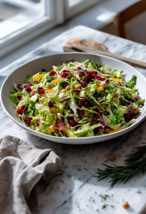 Bowl of chopped salad with romaine, chicory, chickpeas, salami and Edam cheese