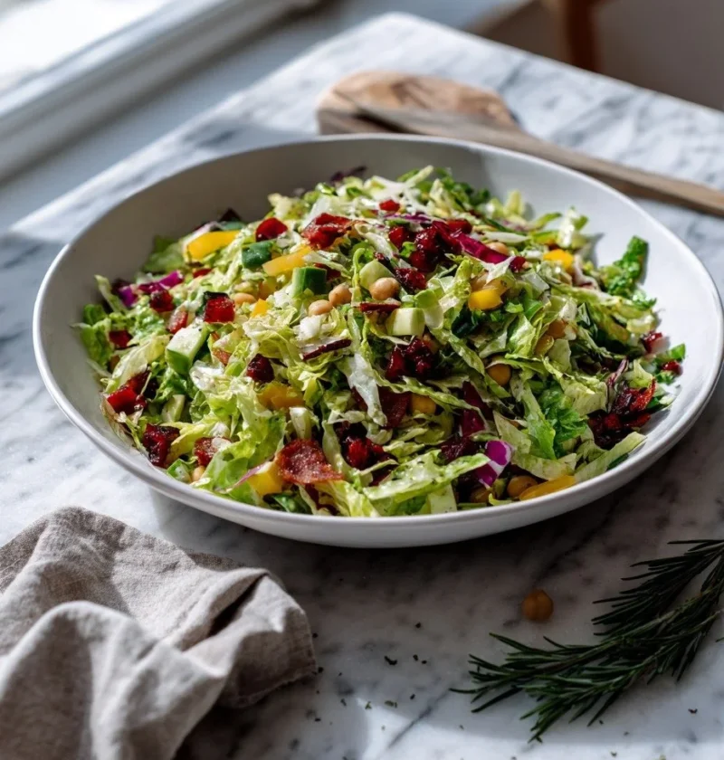 Bowl of chopped salad with romaine, chicory, chickpeas, salami and Edam cheese