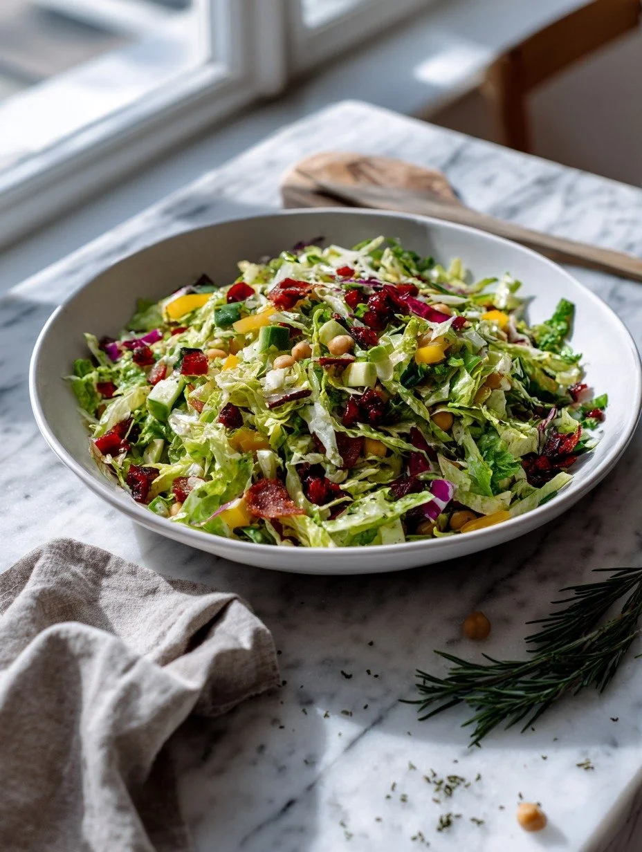 Bowl of chopped salad with romaine, chicory, chickpeas, salami and Edam cheese