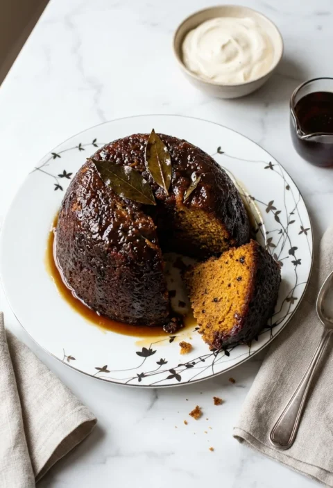 Gordon Ramsay Christmas pudding turned out onto a plate showing dark caramelised maple syrup exterior with bay leaves and lighter golden sponge crumb where sliced, served with whiskey cream