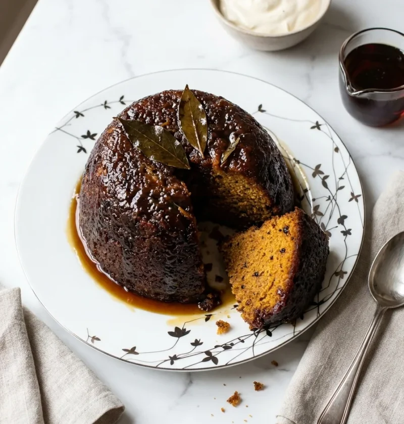 Gordon Ramsay Christmas pudding turned out onto a plate showing dark caramelised maple syrup exterior with bay leaves and lighter golden sponge crumb where sliced, served with whiskey cream