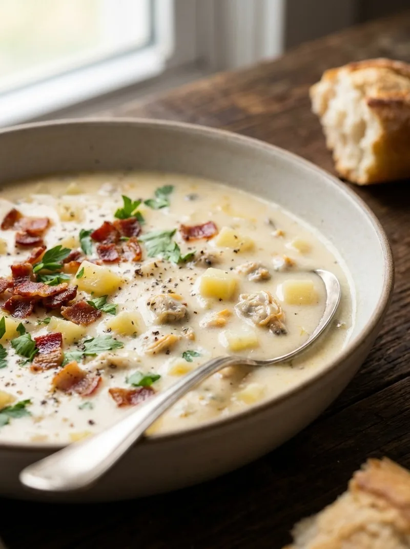 Close-up of clam chowder showing clam meat and potatoes in creamy broth